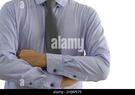 Business man standing with his arms crossed on a white background. Stock Photo