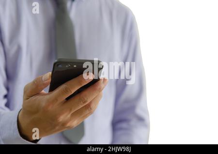 businessman hand holding a smartphone on a white background.Clipping path Stock Photo