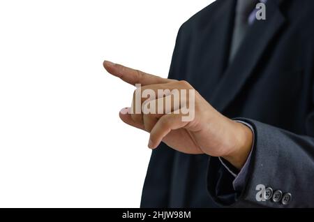 business man hand in a suit pointing fingers on white background.Clipping path Stock Photo