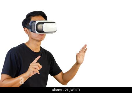 Virtual Experience. Excited Wearing VR Headset, Touching Air While Playing Video Game on white background. Stock Photo