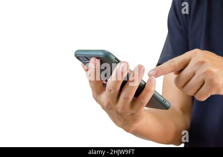 Hand holding a smartphone on a white background. Stock Photo