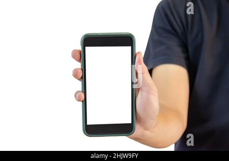 Hand holding a smartphone on a white background. White blank phone screen. Stock Photo