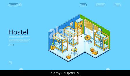 Hostel banner with isometric interior of bedroom in guesthouse. Vector landing page of guest accommodation with illustration of room with bunks for sleep and rest in travel Stock Vector