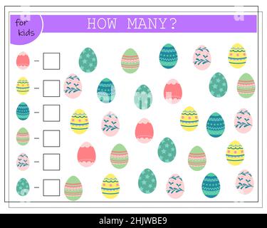 Children's math game count how many Easter eggs. Vector isolated on a white background Stock Vector