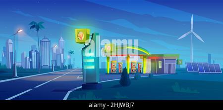 Gas and charger station with oil pump, cable with plug for electric car, solar panels and wind turbines on road to city. Vector cartoon night landscape with empty fuel filling station Stock Vector