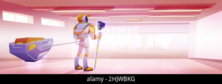 Alien planet landscape with drill spacecraft. Vector cartoon ...