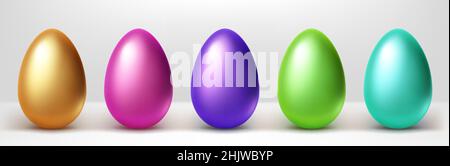 Colorful Easter eggs row, isolated gold, pink, purple, green and blue 3d vector objects on white background. Painted shiny chicken eggs, holiday decorative design elements, Realistic illustration, set Stock Vector