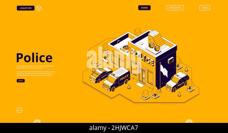 Police station banner with isometric building and patrol cars. Vector landing page of precinct house with illustration of police department office and cop vehicles Stock Vector