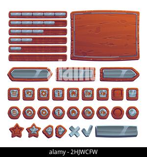 Game buttons of wood and stone, cartoon gamer interface elements, menu board, slider, settings, sound, arrow, info and home keys, user panel ui or gui isolated design, Vector illustration, icons set Stock Vector