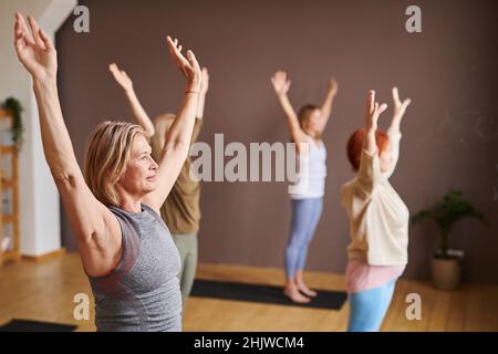 Group of people raising their hands up doing stretching exercises while standing on exercise mat in wellness club Stock Photo