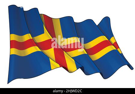 Vector illustration of a Waving Flag of Aland. All elements neatly on well-defined layers and groups. Stock Vector