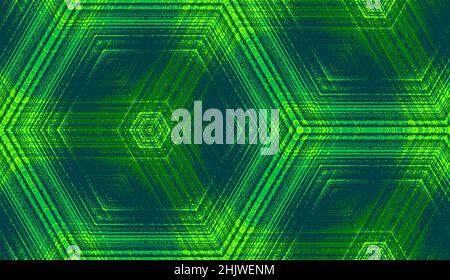 Seamless hexagon concentric textured pattern in chartreuse, emerald, jade, lime green colors. Symmetric abstract geometric ornament for wallpaper background design, textile printing, wrapping. Stock Vector