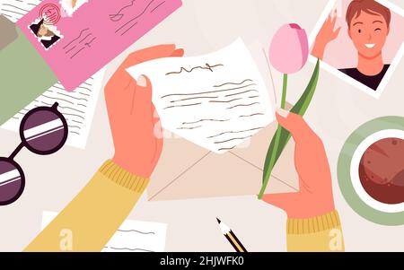 Cartoon human hand with flower and mail message sheet with handwritten text, cute postcard, coffee on table background. Hands holding envelope with Stock Vector