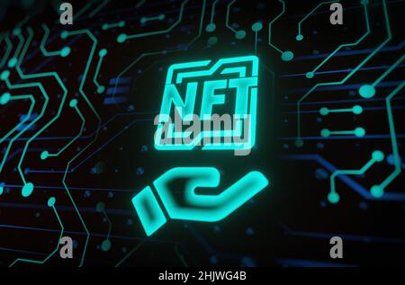 Non-fungible token hologram on virtual digital screen, nft with network circuit Stock Photo