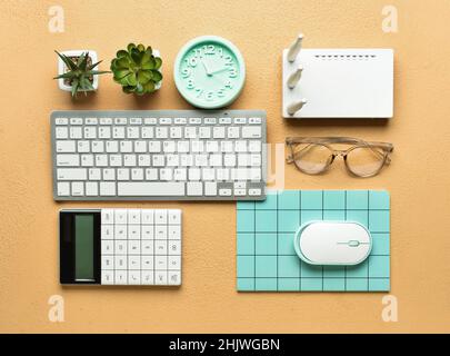 Different gadgets on color background Stock Photo