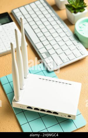 Different gadgets on color background Stock Photo
