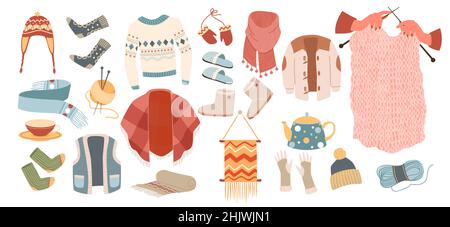 Warm clothes for cold winter season set, woolen accessory and garment collection Stock Vector