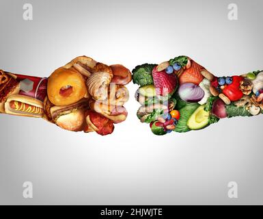 Diet fight and food battle nutrition concept as fresh healthy nutritious foods fighting unhealthy high fat snacks shaped as fists punching. Stock Photo