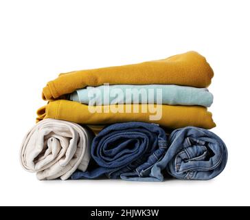 Different female sweaters and jeans on white background Stock Photo