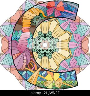 Letter C monogram on mandala, engraving design. Vector illustration. Stock Vector