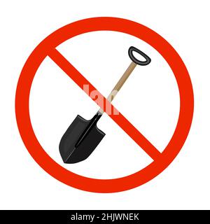 Shoveling ban sign isolated on white background. No digging sign.Shovel in red circle forbidden mark.Symbol with crossed out spade.Vector illustration Stock Vector