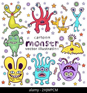 Set of cute monsters funny cartoon character, hand drawing. Collection multicolored scary hilarious fairy tale hero isolated on white background with Stock Vector