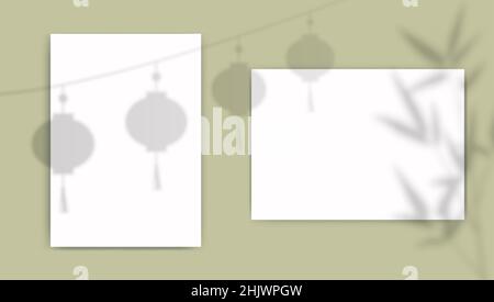 A4 paper mockup with overlay leaves shadow from window. Bamboo and chinese lanterns transparent reflection on green background. Realistic vector Stock Vector
