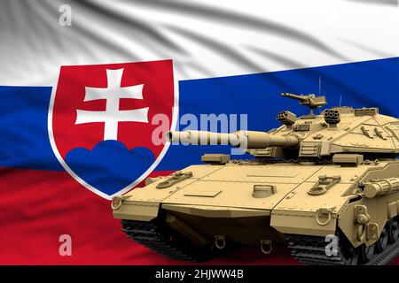 Heavy tank with fictional design on Slovakia flag background - modern tank army forces concept, military 3D Illustration Stock Photo