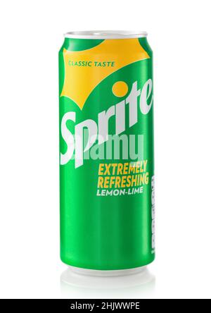 LONDON,UK - JANUARY 22, 2022: Original Sprite soda drink with lemon and lime on white . Stock Photo