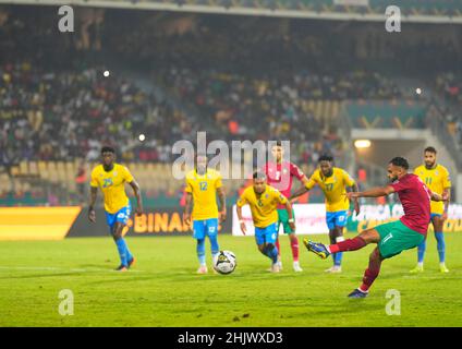 Yaoundé, Cameroon, January, 18, 2022: Sofiane Boufal of Morocco scoring their first goal during Morocco vs Gabon - Africa Cup of Nations at Ahmadou Ahidjo Stadium. Kim Price/CSM. Stock Photo