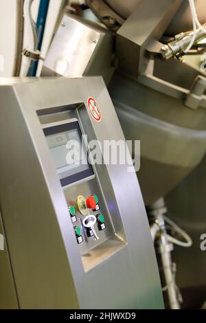 Control console of industrial dough mixer machine. Selective focus. Stock Photo
