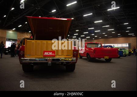 Classic, muscle and performance cars are seen in display during the MCM Show 2022 auto show in Corferias in Bogota, Colombia on January 28 and 29 2022. Stock Photo