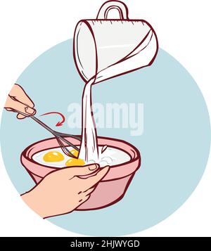Mixing of Ingredients for Cooking Pancakes with Pouring Milk Vector Illustration Stock Vector
