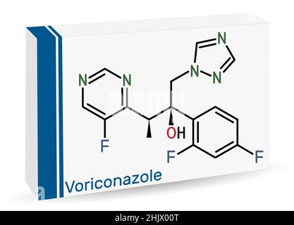 Voriconazole, molecule. It is is  triazole antifungal medication used to treat fungal infection. Skeletal chemical formula. Paper packaging for drugs. Stock Vector