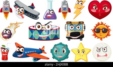 Set of different toy objects with smiley faces illustration Stock Vector