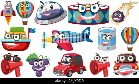 Set of different toy objects with smiley faces illustration Stock Vector