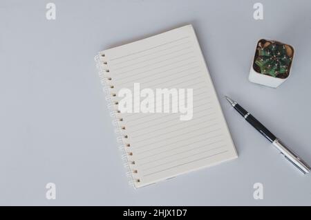 Notebook and pen and cactus on vintage background.Top view with copy space. Stock Photo