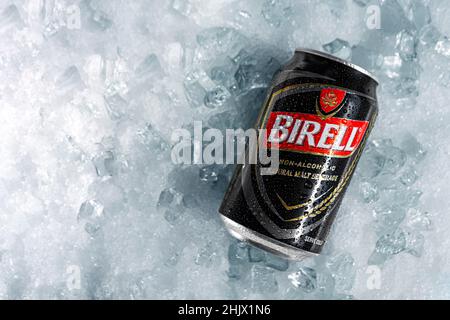 HURGHADA, EGYPT - JANUARY 8, 2022: Canned Non-alcoholic beer Birell on ice Stock Photo