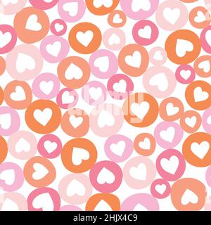 Cute hearts seamless vector pattern. Repeating Valentines background with red and pink heart shapes in circles. Decorative hand drawn pattern for Stock Vector