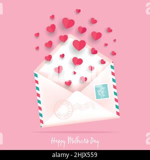 Happy Mother’s Day card. Envelope with paper cut hearts. Cute vector illustration, template for greeting card, poster Stock Vector