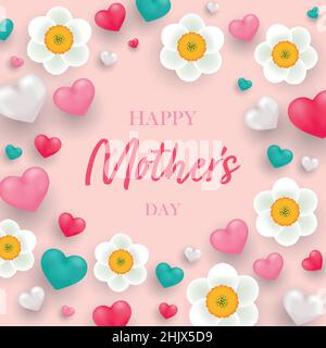 Happy Mother’s Day greeting card with realistic 3D hearts and narcissus flowers. Vector isolated illustration Stock Vector