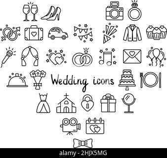 Set of wedding icons on white background, vector illustration Stock Vector