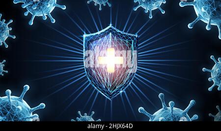 Shining shield and viruses. Antimicrobial protect, covid-19 vaccination, virus protection, immune system, bacterial immunology, antivirus guard Stock Vector