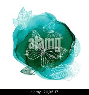 Abstraction from turquoise flowers and butterflies. Vector illustration Stock Vector