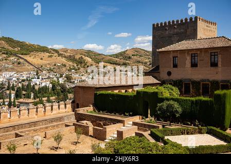 View towards the Nasrid palaces with the Patio de Machuca and the Torre de Comares tower, Alhambra de Granada, Andalusia, Spain Stock Photo