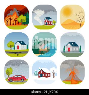 Natural disaster set of compositions with wild landscapes, houses, recreation place and forces of nature. Vector illustration in flat style Stock Vector