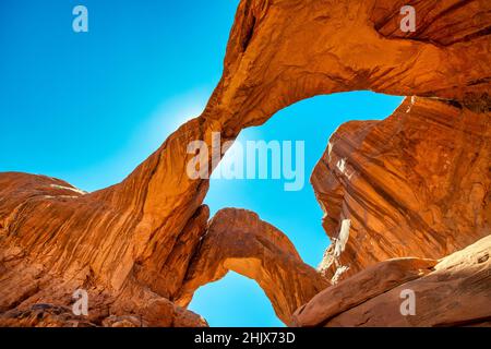 Double Arch ia a natural rock formation inside Arches National Park, Utah Stock Photo