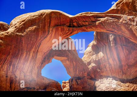 Double Arch ia a natural rock formation inside Arches National Park, Utah Stock Photo