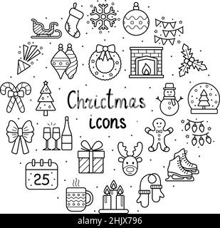 Set of christmas icons on white background, vector illustration Stock Vector