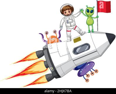 An astronaut on rocketship with aliens in cartoon style illustration Stock Vector